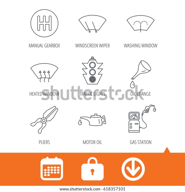 Motor oil change, traffic lights and pliers icons.
Gas station, heated window and manual gearbox linear signs. Washing
window icons. Download arrow, locker and calendar web icons.
Vector