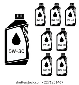 Conjunto de recipientes de aceite de motor. Cuartel de petróleo. Iconos resaltados. Ilustración vectorial plana.