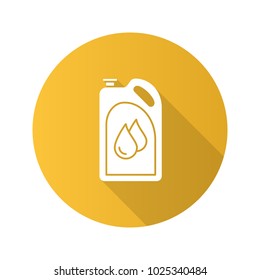 Motor oil flat design long shadow glyph icon. Plastic jerry can with liquid drops. Fuel container. Vector silhouette illustration