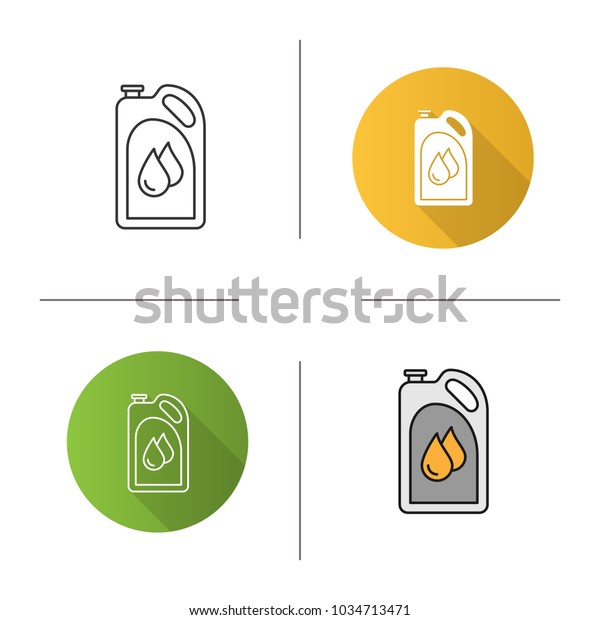 Motor oil icon. Flat design, linear and\
color styles. Plastic jerry can with liquid drops. Fuel container.\
Isolated vector\
illustrations