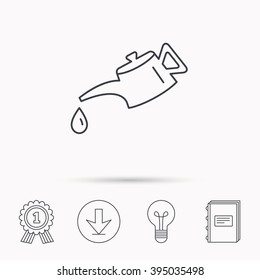Motor oil icon. Fuel can with drop sign. Download arrow, lamp, learn book and award medal icons.