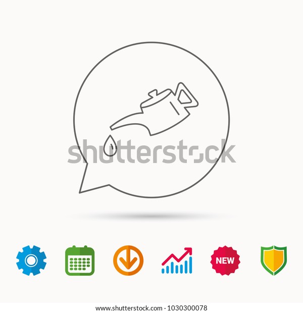 Motor oil icon. Fuel can with drop sign. Calendar,\
Graph chart and Cogwheel signs. Download and Shield web icons.\
Vector