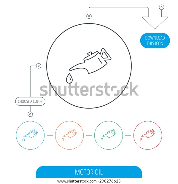 Motor oil icon. Fuel can with drop\
sign. Line circle buttons. Download arrow symbol.\
Vector