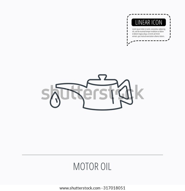 Motor oil icon. Fuel can\
with drop sign. Linear outline icon. Speech bubble of dotted line.\
Vector