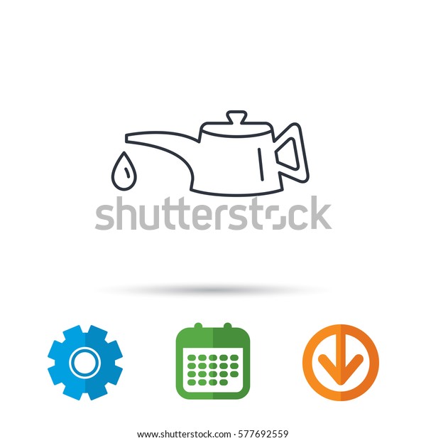 Motor oil\
icon. Fuel can with drop sign. Calendar, cogwheel and download\
arrow signs. Colored flat web icons.\
Vector