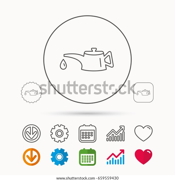 Motor oil icon. Fuel can with drop sign. Calendar,\
Graph chart and Cogwheel signs. Download and Heart love linear web\
icons. Vector
