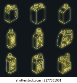 Motor oil icons set. Isometric set of motor oil vector icons neon on black