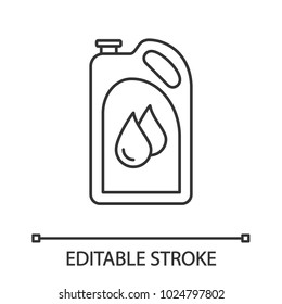 Motor oil linear icon. Plastic jerry can with liquid drops. Fuel container. Thin line illustration. Contour symbol. Vector isolated outline drawing. Editable stroke