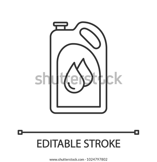 Motor oil linear icon.\
Plastic jerry can with liquid drops. Fuel container. Thin line\
illustration. Contour symbol. Vector isolated outline drawing.\
Editable stroke