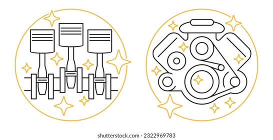 Motor Oil lubricant icons in thin line, clean and shiny car engine and cylinders