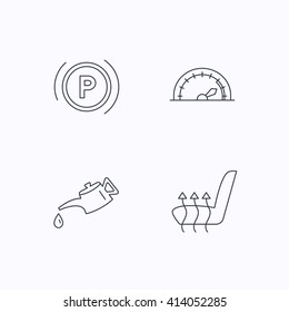 Motor oil, parking and speedometer icons. Heated seats linear sign. Flat linear icons on white background. Vector