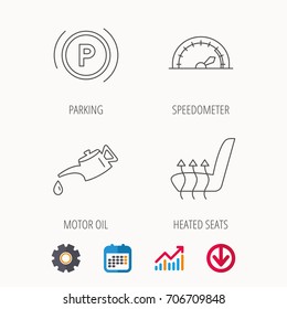 Motor Oil, Parking And Speedometer Icons. Heated Seats Linear Sign. Calendar, Graph Chart And Cogwheel Signs. Download Colored Web Icon. Vector