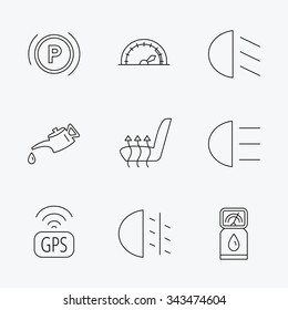 Motor oil, passing fog lights and gps icons. Speedometer, parking and gas station linear signs. Heated seats icon. Linear black icons on white background.