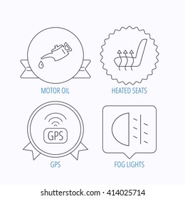 Motor oil, passing fog lights and gps icons. Heated seats linear sign. Award medal, star label and speech bubble designs. Vector