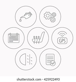 Motor oil, passing fog lights and gps icons. Heated seats linear sign. Check file, calendar and cogwheel icons. Vector