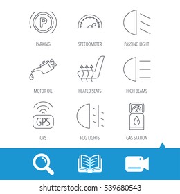 Motor oil, passing fog lights and gps icons. Speedometer, parking and gas station linear signs. Heated seats icon. Video cam, book and magnifier search icons. Vector