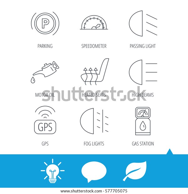 Motor oil, passing fog lights\
and gps icons. Speedometer, parking and gas station linear signs.\
Heated seats icon. Light bulb, speech bubble and leaf web icons.\
Vector