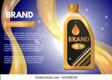 Motor oil product container ad. Vector 3d illustration. Car engine oil bottle template design.