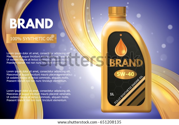 Motor oil product container ad.\
Vector 3d illustration. Car engine oil bottle template\
design.
