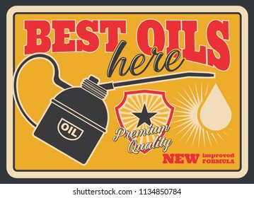 Motor oil retro poster for car service or gas station template. Vintage engine oil can pourer with drop old grunge banner, decorated with Premium Quality shield badge for oil change shop design