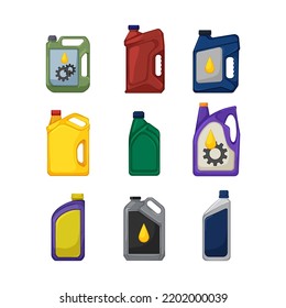 motor oil set cartoon. car engine, lubricant bottle, auto service, mechanic change, diesel motor oil vector illustration