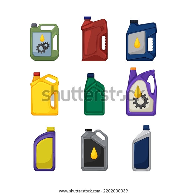 motor oil set cartoon. car engine, lubricant\
bottle, auto service, mechanic change, diesel motor oil vector\
illustration