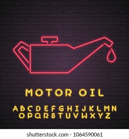 Motor Oil Sign Neon Light Glowing Vector Illustration Red Light withAlphabet Yellow Light