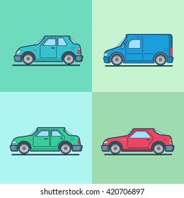 Motor passenger car van sportscar sedan hatchback road transport set. Linear multicolor stroke outline flat style vector icons. Color icon collection.