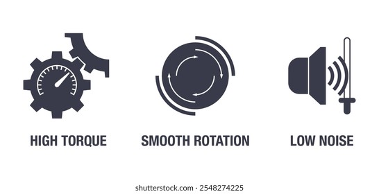 Motor properties and benefits - High Torque, Smooth Rotation, Low Noise. Circle Icons set for labeling in monochrome style