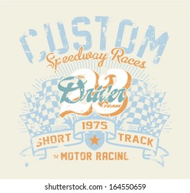 Motor race contest - Vintage vector artwork for boy sports wear in custom colors, grunge effect in separate layer.