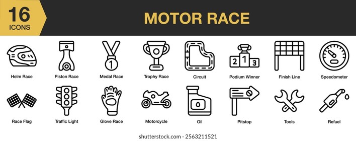 Motor Race icon set. Includes sport, motor, race, speed, competition, and More. Outline icons vector collection.