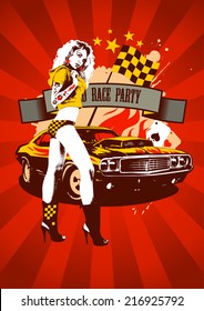 Motor Race Party Design With Fashion Girl And Retro Car On Red Rays Background