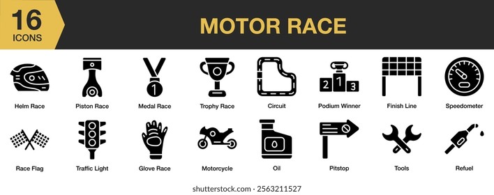 Motor Race solid icon set. Includes sport, motor, race, speed, competition, and More. Solid icons vector collection.