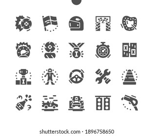 Motor Races. Wheel Replacement. Traffic Light For Racing. Medal, Helmet, Timer, Race, Finish And Win. High Speed. Racing Car. Vector Solid Icons. Simple Pictogram