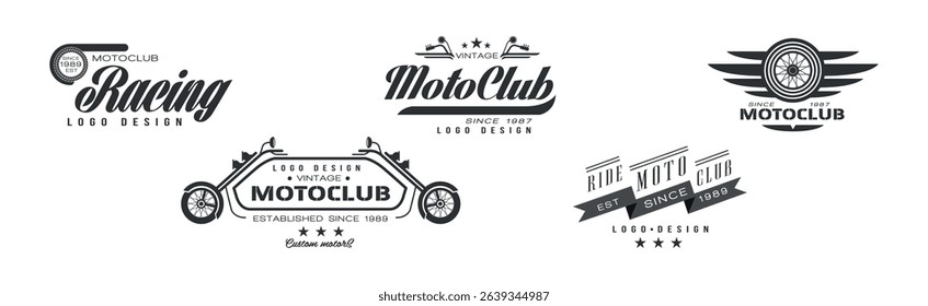 Motor Racing Club Monochrome Logo and Label Vector Set