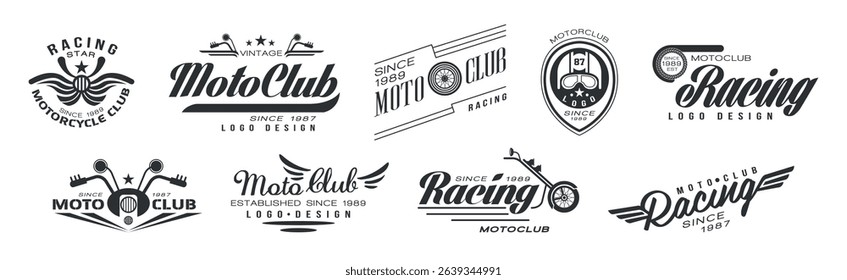 Motor Racing Club Monochrome Logo and Label Vector Set