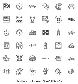 Motor racing line icons set. linear style symbols collection, outline signs pack. Sports car racing vector graphics. Set includes icons as Speedometer, Race Track, Start and Finish, Pit Stop, Helmet