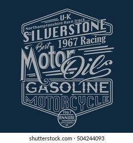 Motor racing Siverstone gasoline typography, t-shirt graphics, vectors