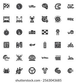 Motor racing vector icons set, modern solid symbol collection, filled style pictogram pack. Signs, logo illustration. Set includes icons as Speedometer, Race Track, Start and Finish, Pit Stop, Helmet