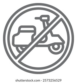 Motor scooter ban line icon, prohibited elements concept. Vector graphics. Motorbike portable transport forbidden sign on white background, outline style icon for mobile or web design