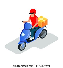 Motor scooter driver in helmet transporting parcels, courier delivering goods in cardboard box to client. Online shopping, ordering, e-commerce, e-shop concept. Isometric vector illustration on white.