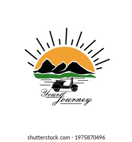 motor scooter logo with focus on mountains, trees and sunrise. logo design for the scooter community, outing, traveling and nature lovers