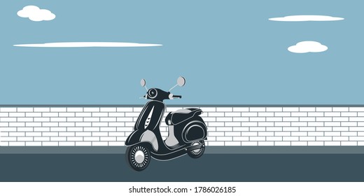 Motor scooter is parked by a brick curb, - vector. Car Free Day