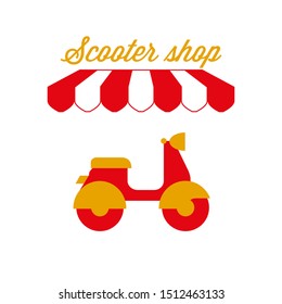 Motor Scooter Shop Sign, Emblem. Red and White Striped Awning Tent. Vintage Motor Scooter Icon. Gold and Red Colors. Flat Vector Illustration.