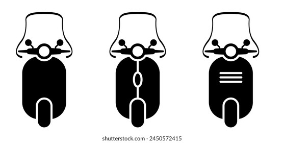 Motor scooter with windshield. Electric scooter or e-scooter. Battery, charge charging point. Modern ecology vehicle, e scooter logo. Motorcycle or motor bike. Windshields and mirrors on motor bicycle