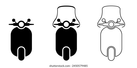 Motor scooter with windshield. Electric scooter or e-scooter. Battery, charge charging point. Modern ecology vehicle, e scooter logo. Motorcycle or motor bike. Windshields and mirrors on motor bicycle