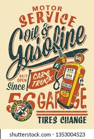 Motor service vintage  gasoline station, vector  print for kid shirt grunge effect in separate layer