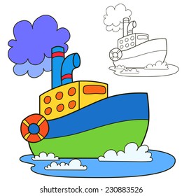 Motor ship. Coloring book page. Cartoon vector illustration.