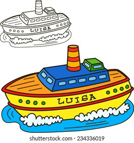 Motor ship. Coloring book page. Cartoon vector illustration.