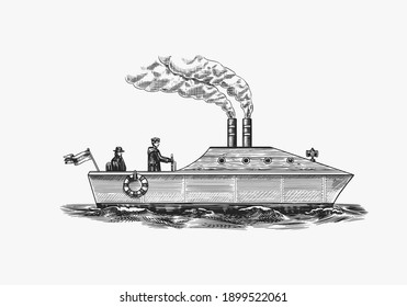 Motor ship with sailors. Seagoing vessel with steam smoke from the pipe, nautical marine sailboat. Water transport and mariner in the ocean. Wngraved hand drawn in vintage style.